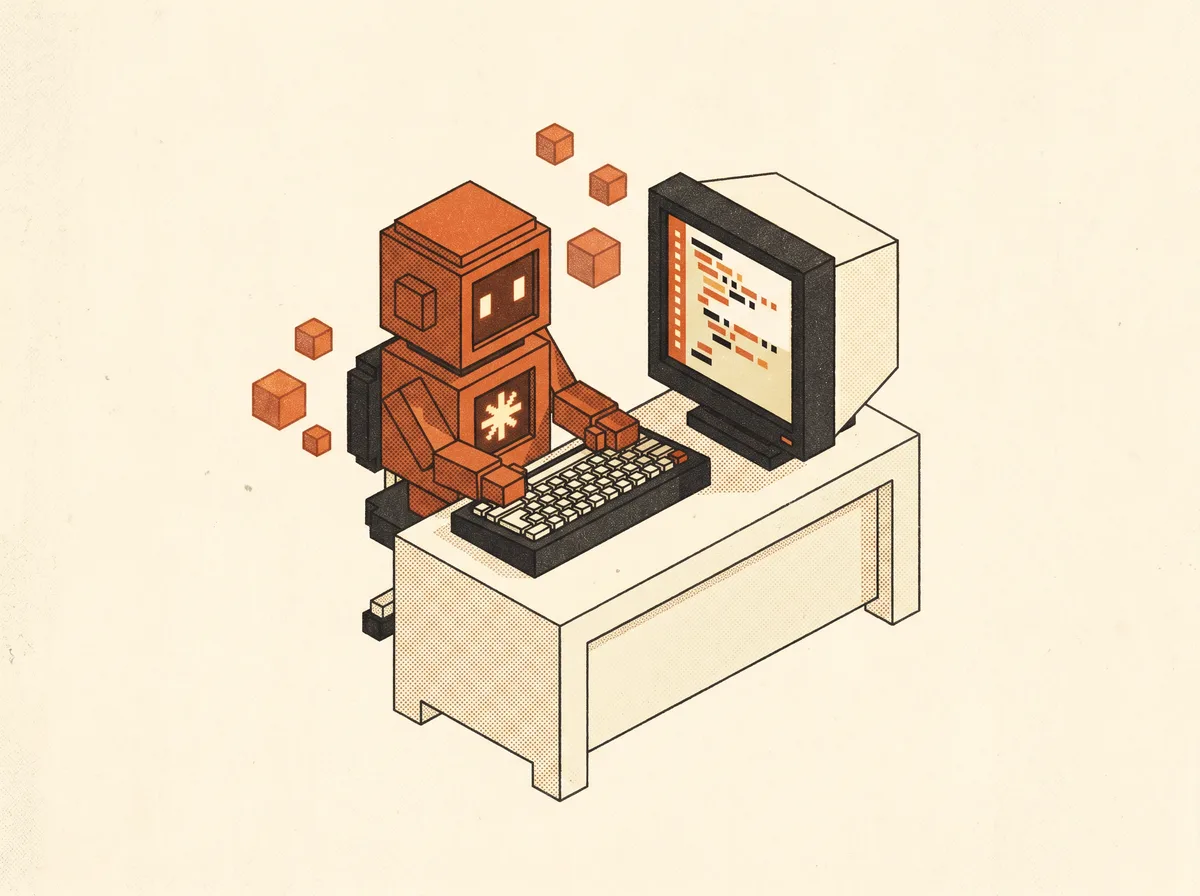 Robot voxel naranja programando en una computadora retro — ilustración creada con IA