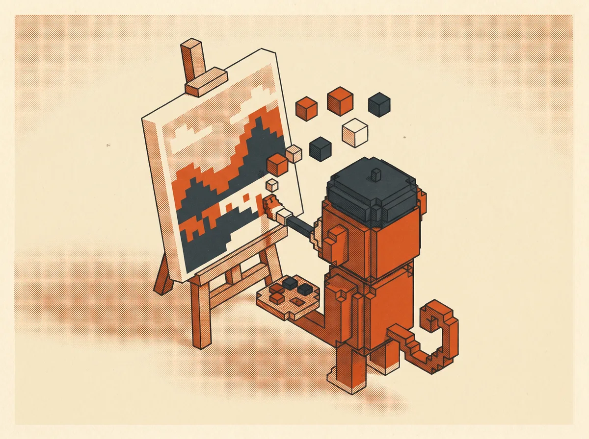 Mono voxel pintando un cuadro pixel art en un caballete — imagen creada con IA