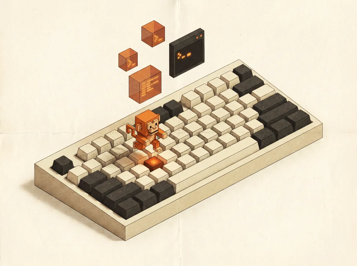 Mono voxel saltando sobre un teclado mecánico gigante — ilustración creada con IA