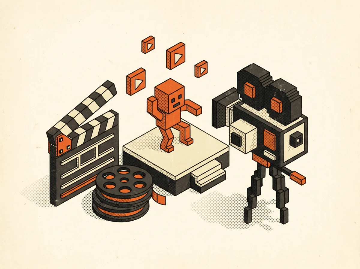 Set de filmación voxel con cámara retro y claqueta — ilustración creada con IA
