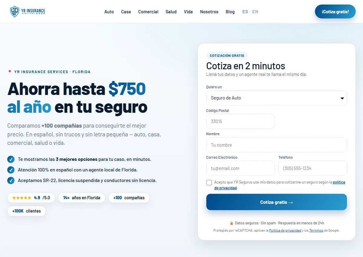 Web real de YR Insurance Services, cliente en producción